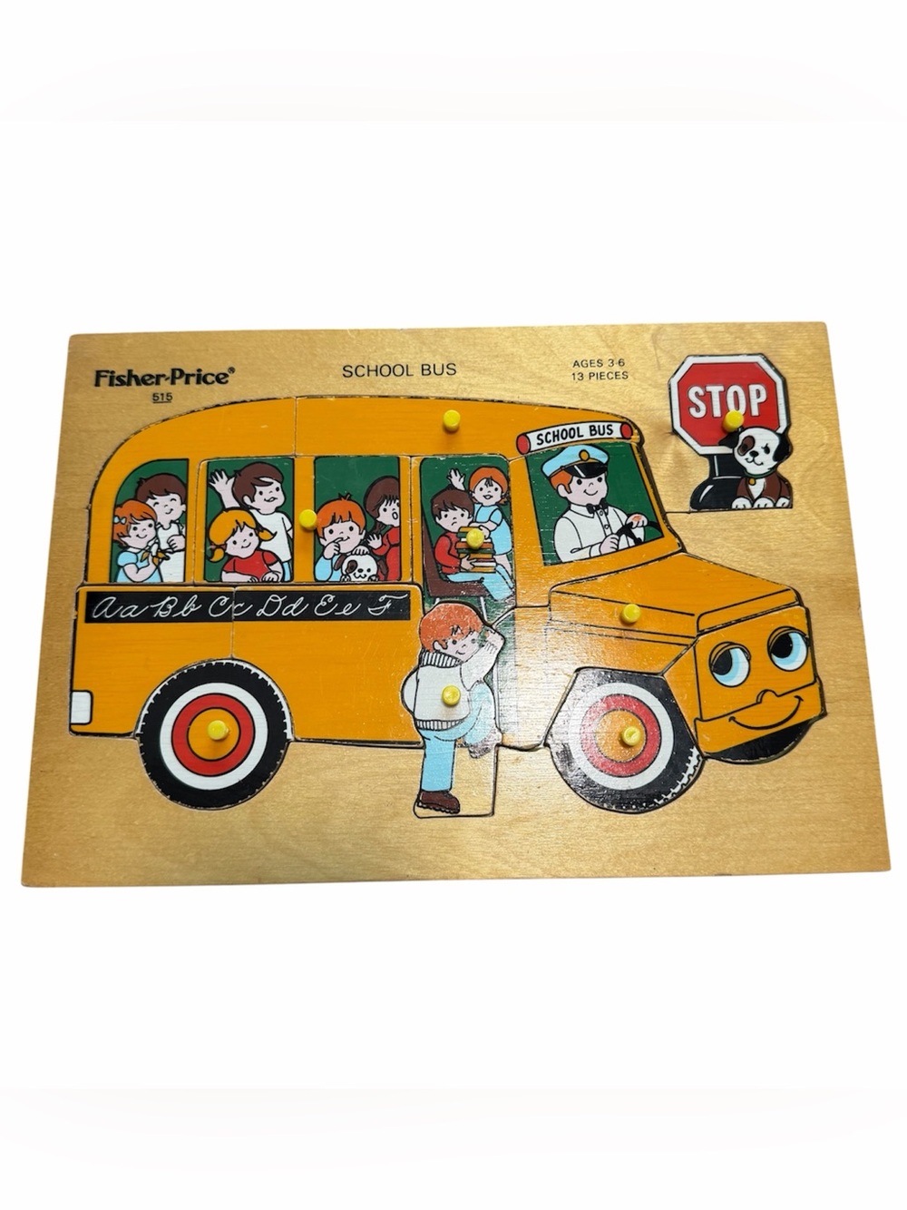 Vintage Fisher-Price #515 School Bus Wooden Puzzle 13 Pc Complete 1970s